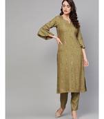 Olive Green Gold Print Kurta Set