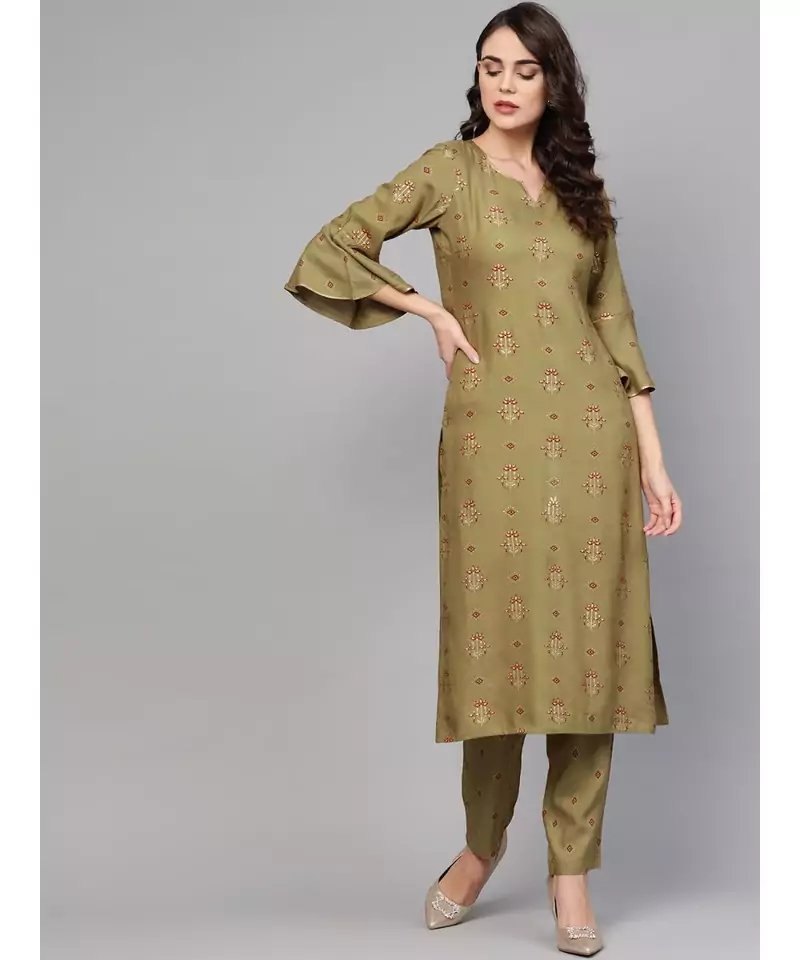 Olive Green Gold Print Kurta Set