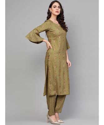 Olive Green Gold Print Kurta Set 3
