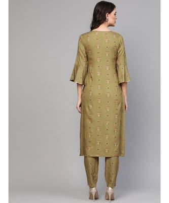 Olive Green Gold Print Kurta Set 4