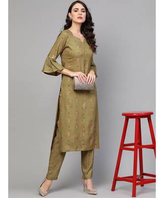 Olive Green Gold Print Kurta Set 5