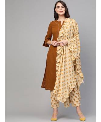 Solid Brown Kurta With Printed Pants & Dupatta 1