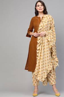 Solid Brown Kurta With Printed Pants & Dupatta