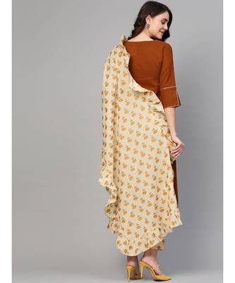 Solid Brown Kurta With Printed Pants & Dupatta 2