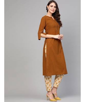 Solid Brown Kurta With Printed Pants & Dupatta 4