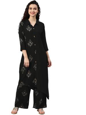 Women's Black Colour Khadi Print Flared Rayon Kurta With Palazzo 1