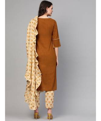 Solid Brown Kurta With Printed Pants & Dupatta 5
