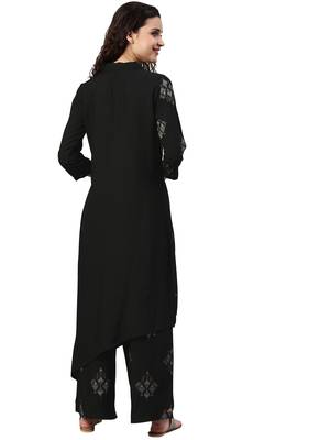 Women's Black Colour Khadi Print Flared Rayon Kurta With Palazzo 2