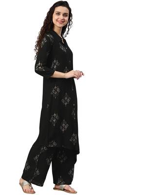 Women's Black Colour Khadi Print Flared Rayon Kurta With Palazzo 3
