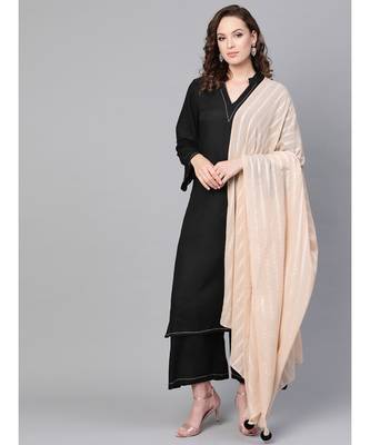 Black Solid Rayon Kurta Set With Art Silk Dupatta 1