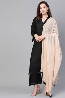Black Solid Rayon Kurta Set With Art Silk Dupatta