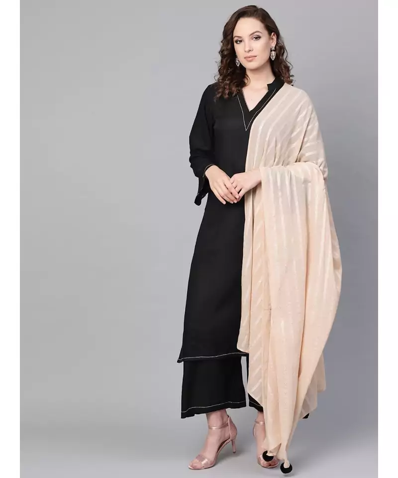 Black Solid Rayon Kurta Set With Art Silk Dupatta