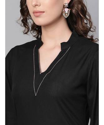 Black Solid Rayon Kurta Set With Art Silk Dupatta 2