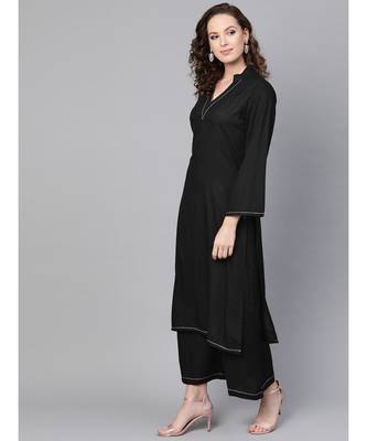 Black Solid Rayon Kurta Set With Art Silk Dupatta 3