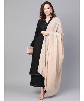 Black Solid Rayon Kurta Set With Art Silk Dupatta 5