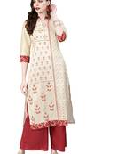 Women's Cream Colour Khadi Print Straight Polysilk Kurta With Palazzo