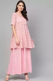 Pink Peplum Kurta With Wide Leg Palazzos