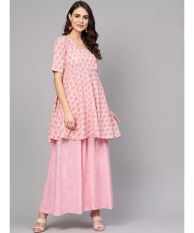 Pink Peplum Kurta With Wide Leg Palazzos