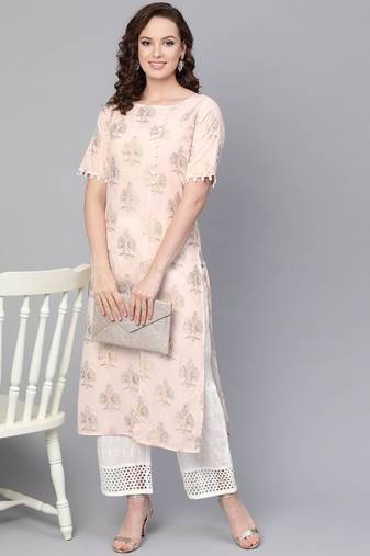 Gold Print Kurta With Schiffli Palazzo Pant