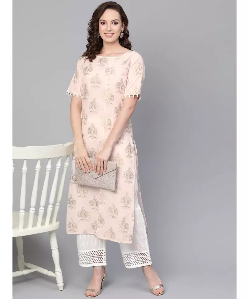 Gold Print Kurta With Schiffli Palazzo Pant