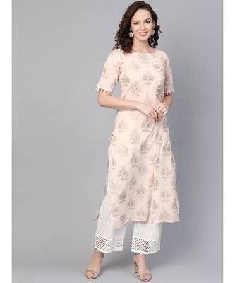 Gold Print Kurta With Schiffli Palazzo Pant 5