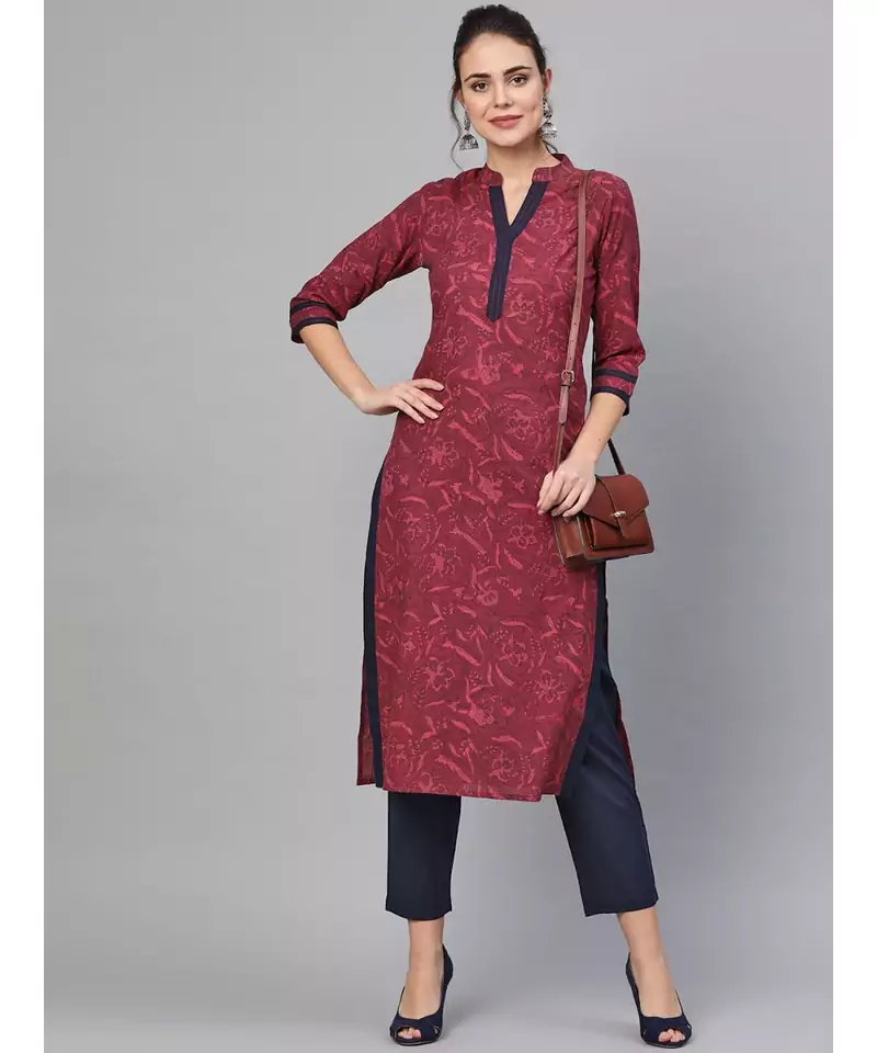 Wine Printed Kurta Set