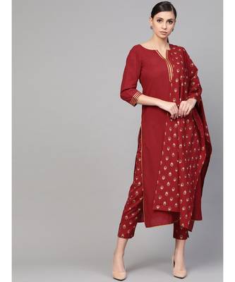 Maroon Kurta With Printed Pants & Dupatta 1
