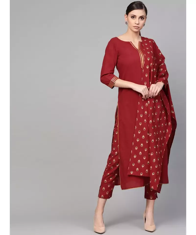 Maroon Kurta With Printed Pants & Dupatta