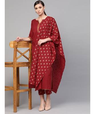 Maroon Kurta With Printed Pants & Dupatta 5