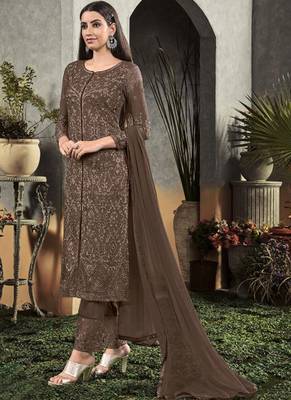 Brown Georgette Semi Stitched Salwar Suits 1
