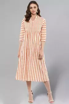 Cream Striped A-line Kurta
