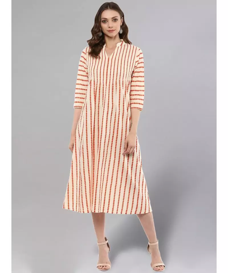 Cream Striped A-line Kurta