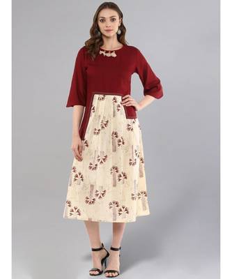Maroon & Beige Pleated Dress 1