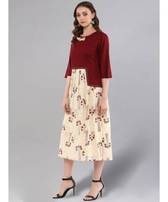 Maroon & Beige Pleated Dress 4