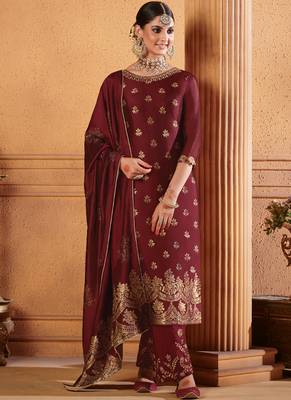 Maroon Jacquard Pakistani Salwar Kameez 1