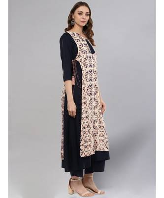 Navy Blue Printed Panelled Kurta 5
