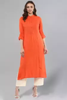 Orange Solid Straight Kurta