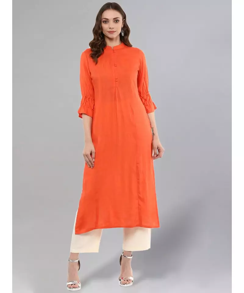 Orange Solid Straight Kurta