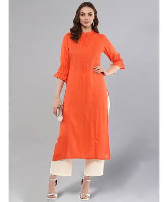 Orange Solid Straight Kurta 2
