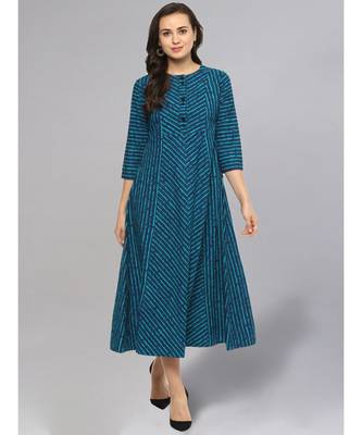 Teal Color Striped Flared Kurta 1