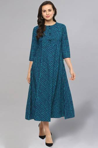 Teal Color Striped Flared Kurta