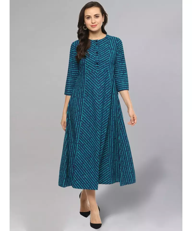 Teal Color Striped Flared Kurta