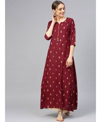 Maroon Gold Print A Line Kurta 2