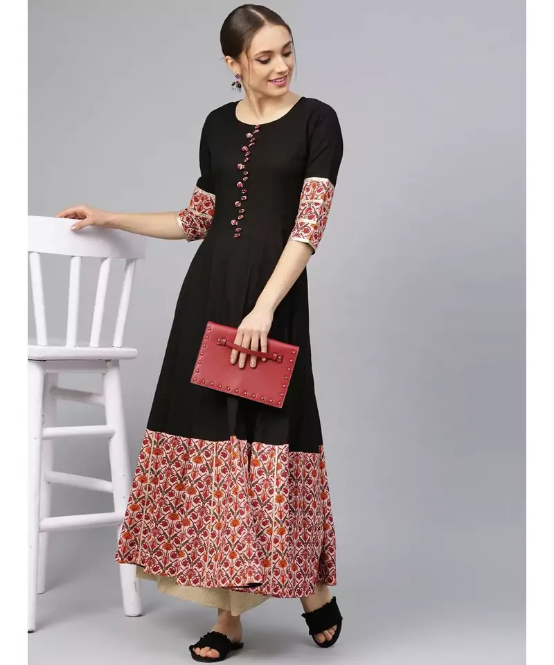Black Anarkali Kurta With Jaal Print Border