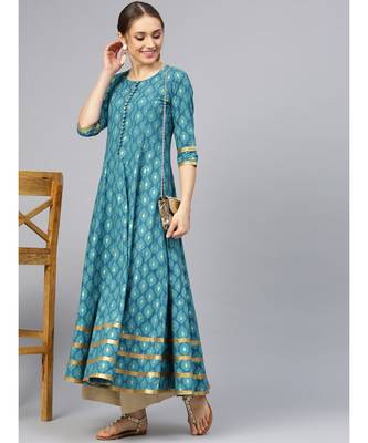 Turquoise Gold Print Anarkali Kurta 1