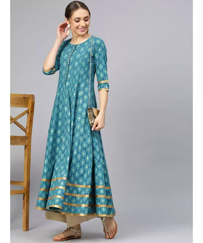 Turquoise Gold Print Anarkali Kurta