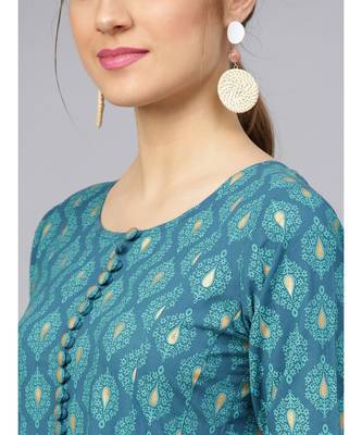 Turquoise Gold Print Anarkali Kurta 2
