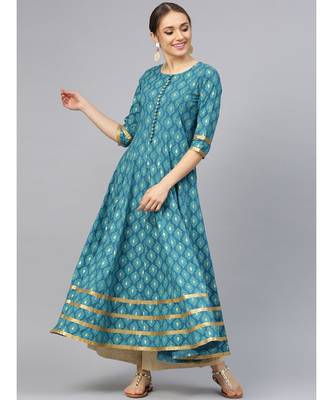 Turquoise Gold Print Anarkali Kurta 3