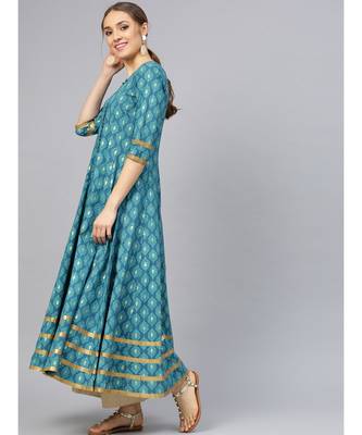 Turquoise Gold Print Anarkali Kurta 4