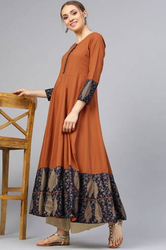 Rust Anarkali Kurta With Printed Border